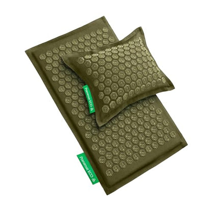 Pranamat Acupressure Large Mat and Pillow Set, Premium Acupressure Therapy for Pain Relief and Relaxation, Handcrafted in Europe with Sustainable and Natural Materials (Olive) - color: Olive