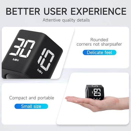 Productivity Timer, 1, 5, 10, 30, 60 Minute Presets, Desk Cube Timer | Gravity sensor, mute and vibration modes; ADHD-friendly for work, study, kitchen and back to school - color: Black