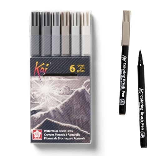 SAKURA XBR-6SA 6-Piece Koi Coloring Brush Pen Set, Gray | Watercolor Brush Pen Set, Durable Tip Springs Back to Shape, Odorless Water-Based Solvent for Smooth Blending - color: Gray, size: 1 Count (Pack of 6)