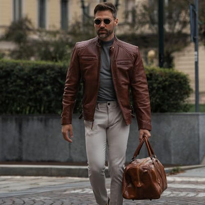 Time Resistance Leather Duffel Bag - Large Weekend Gym Travel Bag (Cognac Brown) - color: Brown