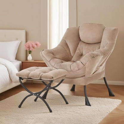 Tiita Lazy Chair with Ottoman, Comfy Reading Accent Chair, Velvet Khaki | Foldable Footrest, Padded Seat and Backrest, Side Pocket for Lounging in Living Rooms, Bedrooms, Dorms and Small Spaces - color: Khaki