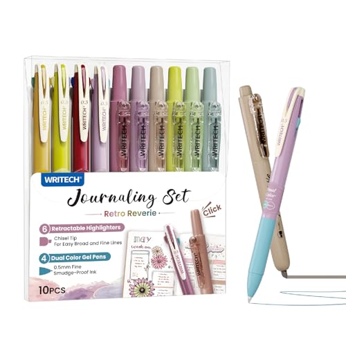 WRITECH Gel Pens Journaling Highlighters: Vintage 2-in-1 Journal Set 10ct | 0.5mm Fine Point Dual Color Pen Retractable Aesthetic Vintage Colors for Smooth Writing Drawing Teachers Nurses Office - color: Vintage