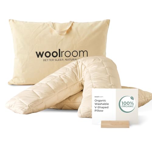 WOOLROOM Organic V-Shaped Washable Wool Pillow - 100% Natural Traceable Washable Organic Wool Organic Cotton 300 Thread Adjustable Bed Pillow - Feather Down Alternative Bedding