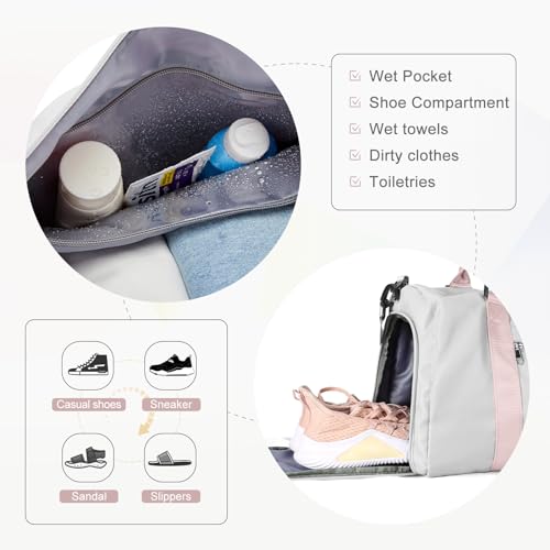 Gym Bag Womens with Shoes Compartment Travel Duffel Bag Grey Pink - color: B12-Grey&Pink+Toiletry Bag