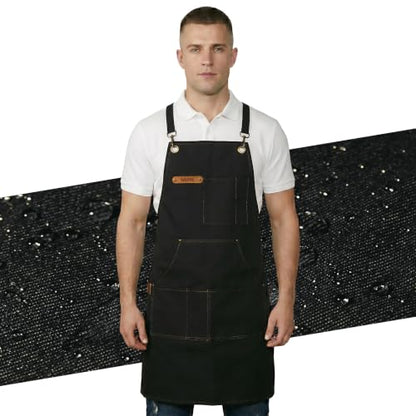 Professional Unisex Chef Apron – Cross-Back, Large Pockets, Water-Resistant Cotton Canvas - color: Black Canvas
