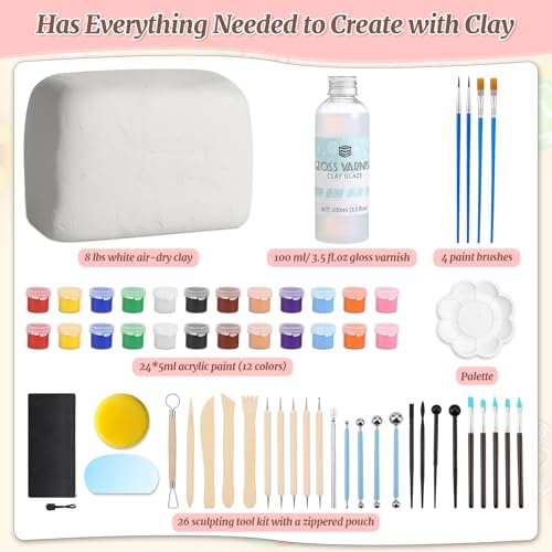 Natural Air-Dry Clay, 8 LBs Pottery Clay with 100ML Glaze Gloss Clay Varnish Protects and 27 PCS Pottery Tools Sculpting Tool Set, Air-Dry Clay Kit for Adults Beginner DIY Craft Gift