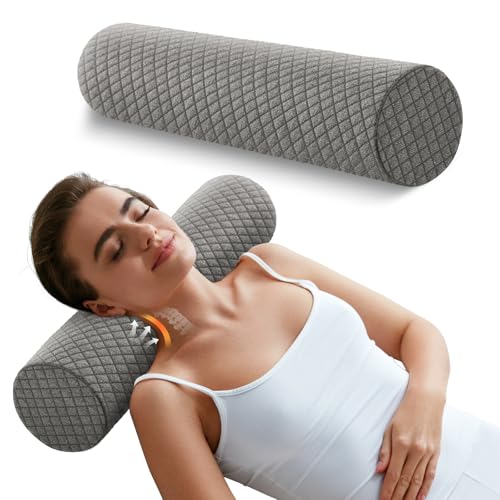 Memory Foam 4" Round Pillow, Cervical Neck Pillow for Pain Relief, Cylinder Pillows 18"x 4", Removable Cover, Neck Roll Pillow for Sleeping, Grey Plaid - color: Plaid Grey, size: 4”H