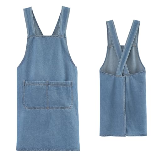Cross Back Denim Apron with Front Pockets Women | Lightweight Adult Aprons , Gardening, Painting, Pottery & Crafting, Kitchen Cooking