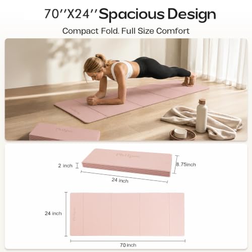 Foldable Yoga Mat, 70''x24''x0.24''(6mm）Non-slip POE Exercise Mat - color: Pink