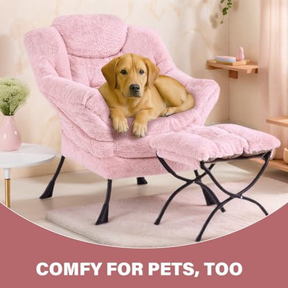 Tiita Lazy Chair with Ottoman, Comfy Reading Accent Chair, Plush Pink - color: Plush-pink