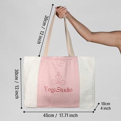Large Canvas Yoga Tote Bag with Yoga Mats Bags Carrier - color: Beige & Pink