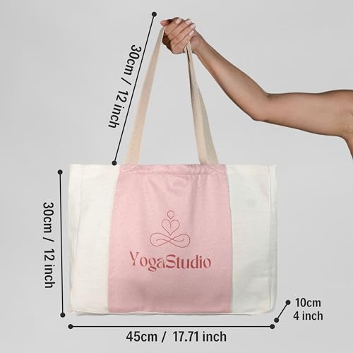Large Canvas Yoga Tote Bag with Yoga Mats Bags Carrier - color: Beige & Pink