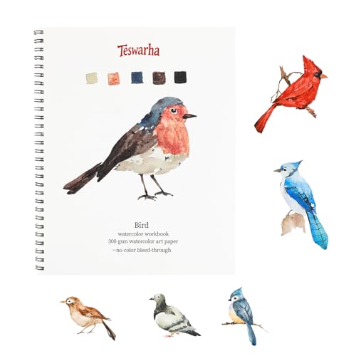 Teswarha Watercolor Workbook Using Thick Real Cotton Watercolor Paper for Adults Teens Spiral Bound 300GSM Art Paper 12 Sheets Birds 8.2 x 9.8in - color: Red