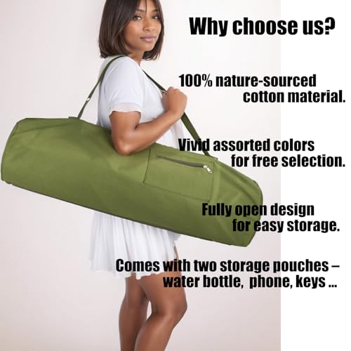 Cotton yoga mat bag with Pockets and Adjustable Strap - Full Zip Cargo Yoga Mat Carrier Bag - Bag for 1/4" 1/3" Thick Yoga Mat - color: Green, size: XL