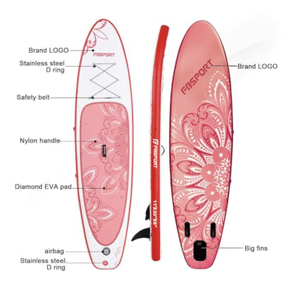 FBSPORT 11' Premium Stand Up Paddle Board, Yoga Board with SUP Accessories & Carry Bag | Wide Stance, Surf Control, Non-Slip Deck, Leash, Paddle and Pump for Youth & Adult - color: PinkWhite
