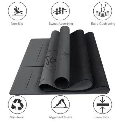 Natural Rubber Yoga Mat - Non Slip Non Toxic - 5mm Thick Yoga Mat for Hot Yoga/Pilates - Extra Large 26.8’’ with Alignment Guide - Sweat Proof - with Carrying Bag - color: Dark Grey