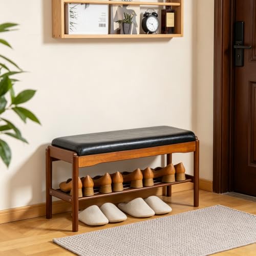 SOBIBO 2-Tier Entryway Shoe Rack Bench, Rubber Wood, Black & Walnut, 31.5" | 8–12 Pairs Capacity, Double-layer Storage, High-density Sponge Cushion, Ideal for Entryway, Hallway, Bedroom - color: Walnut-black Cushion, size: 31.5 inches