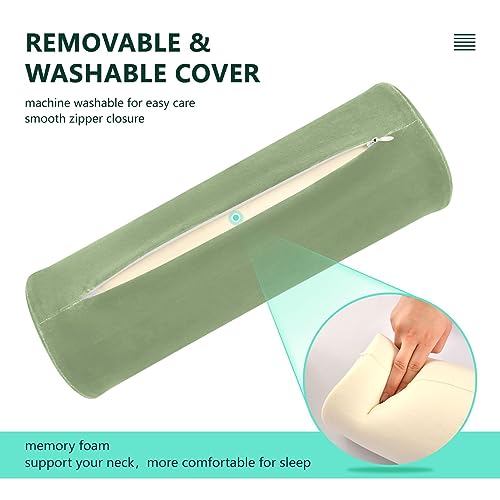 YETTASBIN Sage Green Solid Color Cylinder Round Pillow for Neck Pain Relief, Soft Breathable Bolster Travel Memory Foam Pillow with Removable Washable Cover for Bed Sleeping, Head, Legs and Back