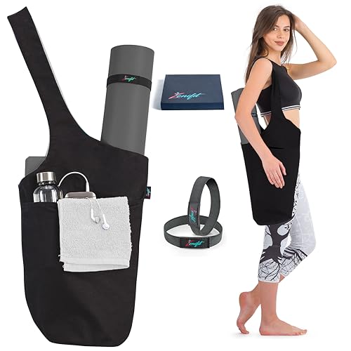 Yoga Mat Bag & Carrier with Pockets for Women | Holds yoga & pilates mats up to 72 in, Fits thick mats, Water bottle & zip pockets, 2 mat straps included, Gift-boxed - color: Black