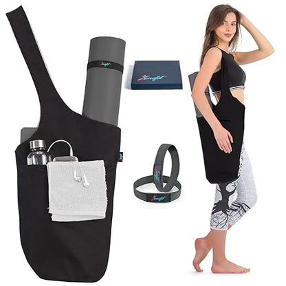 Yoga Mat Bag & Carrier with Pockets for Women - color: Black
