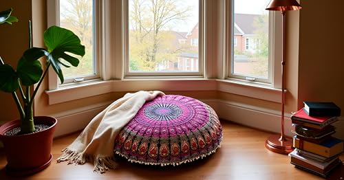 CRAFT KALA 32" Large Round Bohemian Floor Pillow Cover Boho Pouf Cover Mandala Meditation Room Pillows Cover Adults Seating Poufs Cushion Cover for Kids Reading Playroom Pink Yellow Mirchi - color: Pink Yellow Mirchi