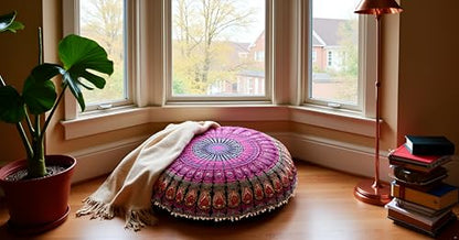 CRAFT KALA 32" Large Round Bohemian Floor Pillow Cover Boho Pouf Cover Mandala Meditation Room Pillows Cover Adults Seating Poufs Cushion Cover for Kids Reading Playroom Pink Yellow Mirchi - color: Pink Yellow Mirchi