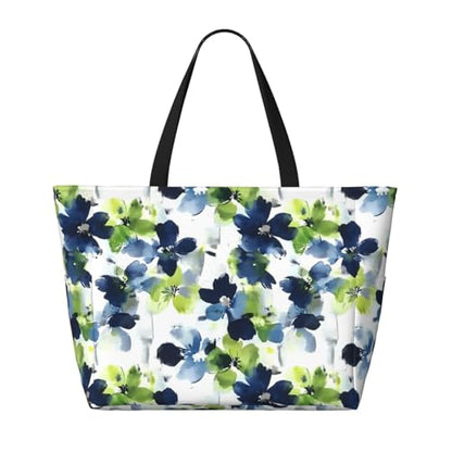 Large Beach Bag for Women Waterproof Foldable Travel Shoulder Tote Bag with Pocket for Weekender Pool Vacation - color: Floral White