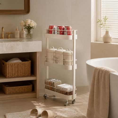 Narrow 3 Tier Rolling Cart, Slim Storage Cart for Bathroom Kitchen - color: Whiete, size: 4.72"D x 14.96"W x 28.74"H