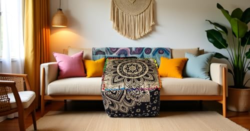 CRAFT KALA Mandala Meditation Floor Pillows Cover Square Pillow Seating Hippie Decorative Adults Bohemian Cushion Cover Outdoor Living Room Throw Ottoman Poufs Cover 20X20X14 inches, Black Gold Flower - color: Black Gold Flower, size: 20x20x14 inches