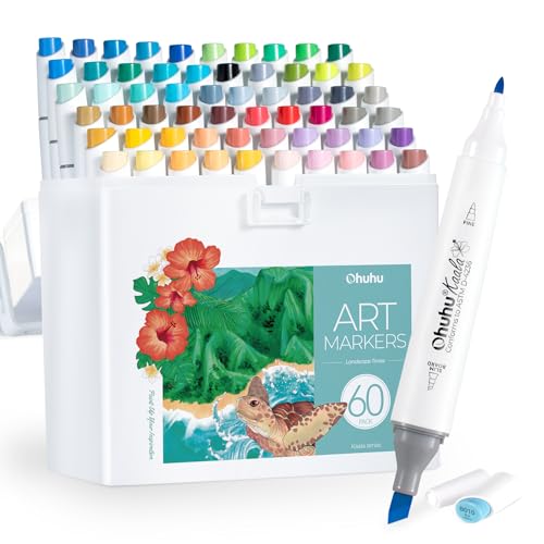 Ohuhu Alcohol Markers Fine& Slim Broad 60 Colors for Adult Beginners Artist | Dual Tips Alcohol-based Refillable Art Marker Set for Architectural Design Illustration Drawing Coloring, Gift Idea, Kaala - color: 60 Landscape Colors + 1 Colorless Blender