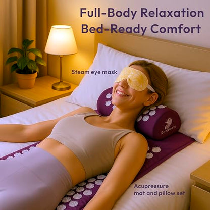 Acupressure Mat & Pillow Set + Chamomile Self‑Heating Steam Eye Mask (16 Pack) – Head‑to‑Toe Stress Relief, Pain Management & Sleep Support