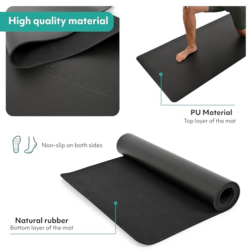 Yoga Mat 5mm Thick – Non Slip Exercise Workout Pad, PU Natural Rubber Grip, Extra Large 183x68 cm, Pilates Fitness Training, Includes Strap & Carry Bag - color: Arch Black