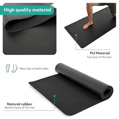 Yoga Mat 5mm Thick – Non Slip Exercise Workout Pad, PU Natural Rubber Grip, Extra Large 183x68 cm, Pilates Fitness Training, Includes Strap & Carry Bag - color: Arch Black