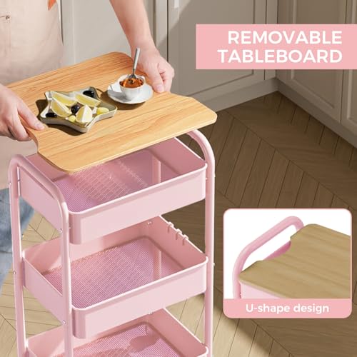 3-Tier Rolling Cart with Table Top, Metal Utility Cart on Wheels | Sturdy Storage Organizer Cart with Lockable Wheels&Hooks for Craft, Office, Classroom, Kitchen and Bathroom, Pink - color: Pink