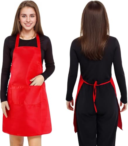 Fengek 8 Pcs Bib Apron for Unisex Colorful Kitchen Apron Bulk with 2 Roomy Pockets for Kitchen BBQ Painting Baking, Red - color: Red