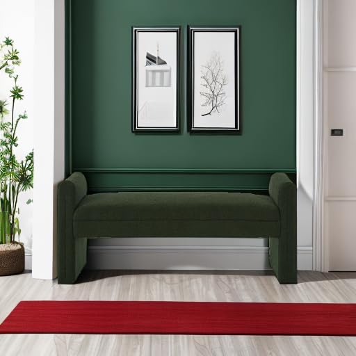 24KF Modern Upholstered Bed Bench Covered with Soft Boucle Teddy Fabric, Lovely Entryway Bench Ottoman with Armrest,5062-Dark Green - color: Dark Green Teddy Bench