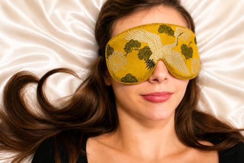 Opulence Weighted Sleep Eye Mask with Flaxseed Filling, Satin & Velvet, Adjustable Strap, Light Blocking for Meditation, Hot & Cold Therapy, Travel - Golden Botanic - color: Golden Botanic