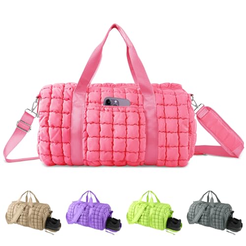 Quilted Travel Duffle Bag Gym Bag for Women,Large Puffer Duffle Weekender Bag with Compartment,Workout Overnight Carry on Organizer Bag Duffle Bag for Airplane Travel(L-Pink) - color: Pink, size: Large