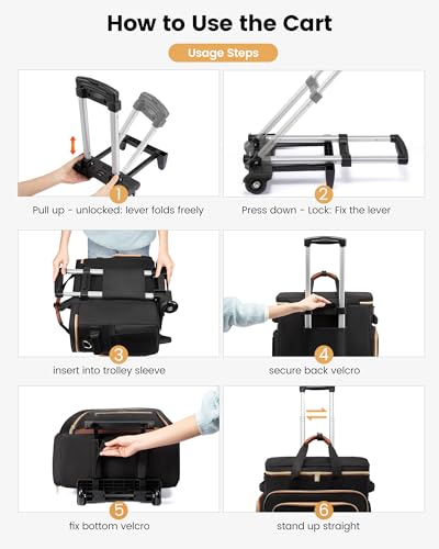 LOVEVOOK Rolling Teacher Bag, Laptop Tote with Detachable Dolly | Fits 17.3 Inch Laptop, Detachable Dolly, Large Rolling Tote Bag for Teacher Office Work Nurse, Adjustable Handle - color: Quilted-black