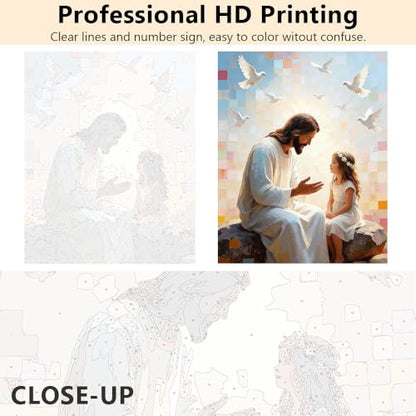 TUMOVO Paint by Numbers Kit for Adults, Adult Paint by Number - Heartwarming Jesus Telling a Story to Little Girl, Inspirational Religious Art, Framed Canvas, 16x20 Inch - color: Jesus(Framed)