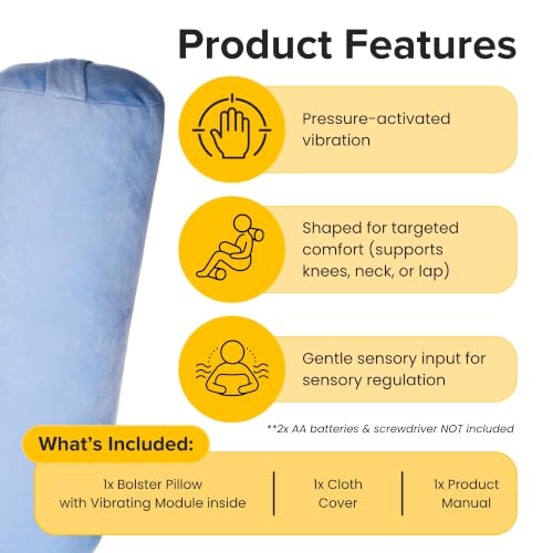 Special Needs Essentials FocusPad Vibrating Sensory Bolster Pillow - Calming Massage Cushion for Kids and Adults with ADHD or Autism, Lap, Neck & Back Support | Blue Gray