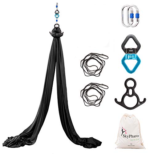 Aerial Silks Yoga Swing Set, Fitness Aerial Yoga Kit | Anti-Gravity Flight Aerial Yoga Hammock Kit; Low/Non Stretch Nylon Tricot Fabric; For Fitness & Dance; Hardware Included - color: 9Yards-Black