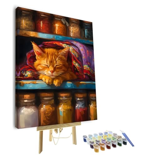 TUMOVO Paint by Numbers Kit for Adults, Paint by Number - Cozy Cat in Spice Cabinet Art, Color by Number for Adults Beginner, 16x20 Inch(Framed) - color: Cat(Framed)