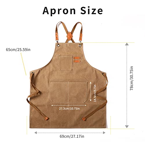 Tosewever 2 Pack Canvas Cross Back Chef Apron for Men Women with Pockets, Cotton Tool Aprons for Cooking Kitchen BBQ Artist - color: Brown