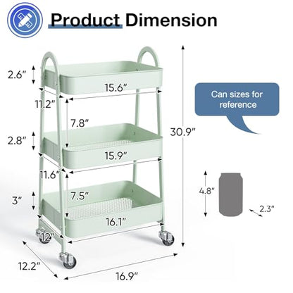 OLIXIS Metal 3 Tiers Rolling Storage Utility Cart with Lockable Wheels - color: Pale Green, size: 3-Tiered 17 inches