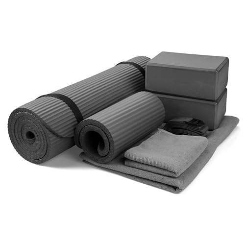BalanceFrom 7-Piece Yoga Set with 71x24x0.5 Inches Extra Thick Mat and Carrying Sling – Includes 2 Blocks, Stretch Strap, 2 Towels, and Knee Pad for Home, Studio, and Gym Workouts - color: Gray