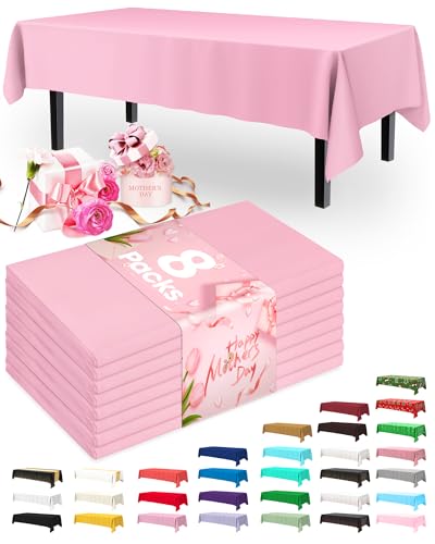 Pureegg Plastic Table Cloth Disposable 8 Pack, 54 x 108 Inch Table Cloths, Easter Party, Valentines, Mothers Day Decorations, Tablecloths, Rectangle, Pastel Plastic Cover, Leakproof & Sturdy, Pink | Easter Party, Valentines Day, Mothers Day, Leakproof & S