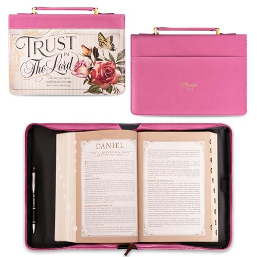 Christian Art Gifts Rose Pink Floral Fashion Bible Cover for Women: Trust in the Lord - Prov. 3:5 Inspirational Scripture Verse, Vintage Vegan Leather Book Carry Case Bag w/Stationery Storage, Large - color: Rose Pink/Trust, size: Large
