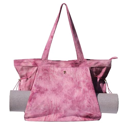 ESVAN Corduroy Yoga Tote Bag Gifts for Women Drawstring Yoga Mat Bag for Office Workout Travel Carryall Pilates Gym - color: Purple Pink Tie-dyed