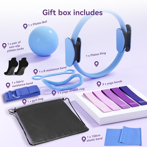 Pilates Kit for Women,15 Inch Magic Circle, 6 Multi-Level Resistance Bands,Yoga Ball Socks, Back Neck Stretcher ,14-Piece Full Body Toning Pilates Equipment for Beginners, 15 Min Daily Routine - color: Blue